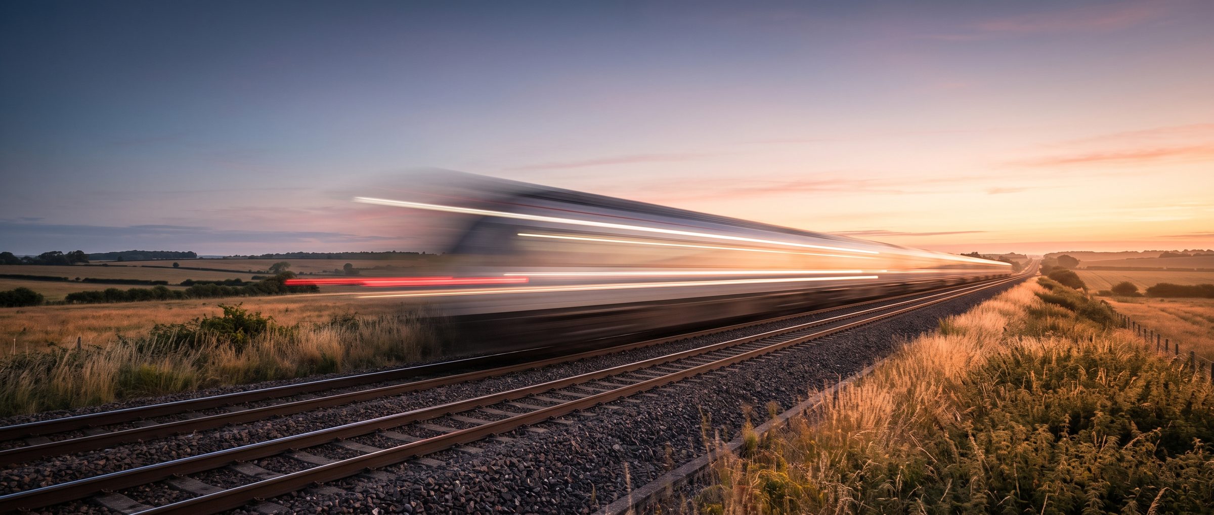 High-speed train racing along a railway line through the countryside at sunset